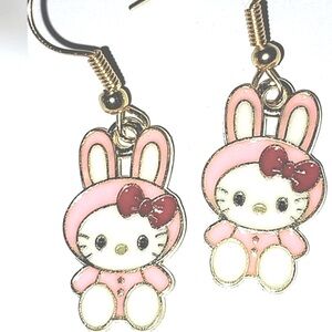 Hello Kitty Bunny Dangle Earrings Hypoallergenic Stainless Earwires Anime NWT